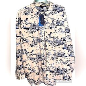 Nautica Blue & White Beach Tropical light weight shirt. Great go anywhere shirt